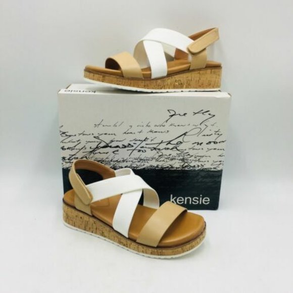 Kensie Women's Palermo Wedge Strappy Sandal Tan / White New in Box Size 9.5 - Picture 1 of 2